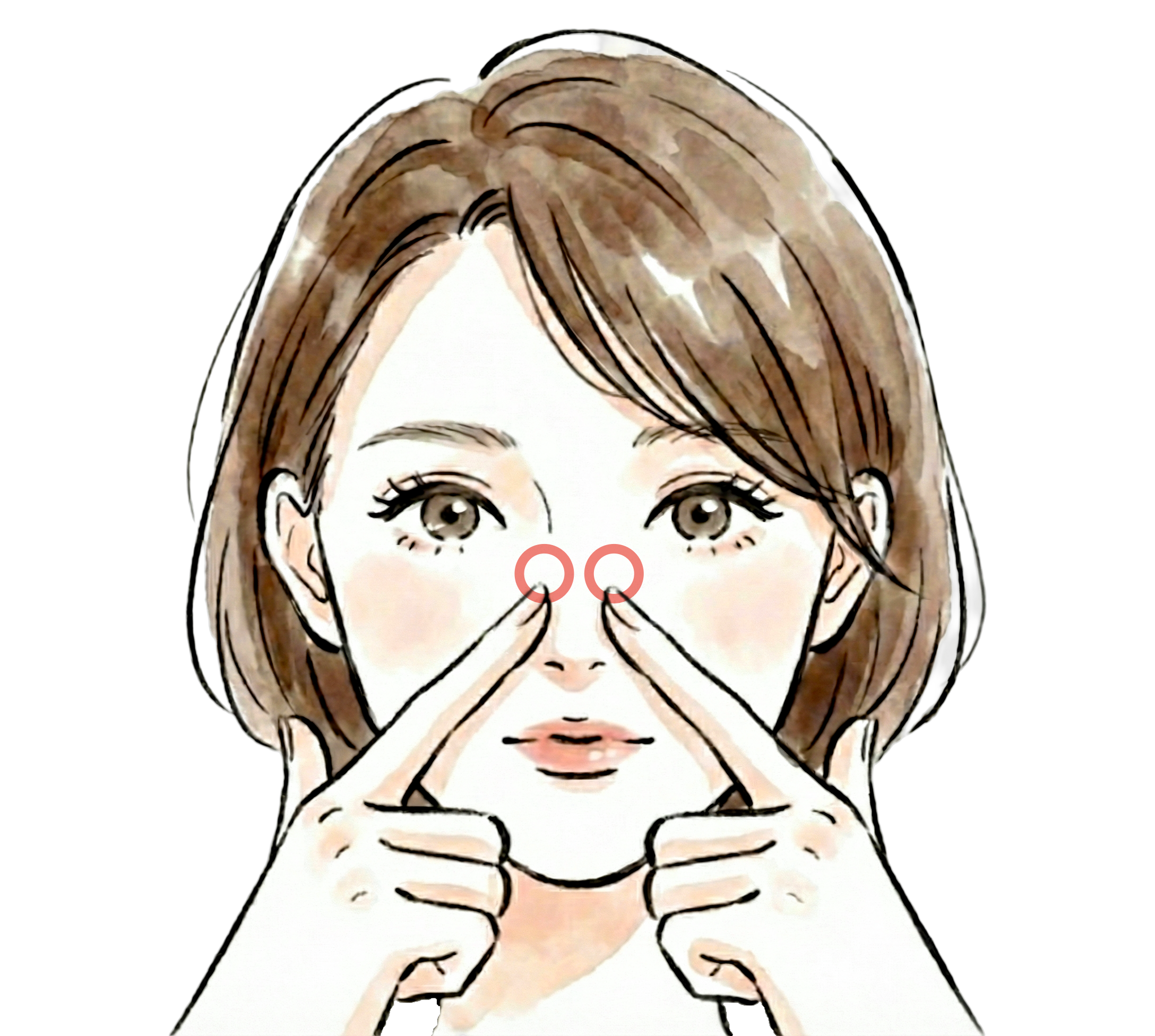 鼻通穴の位置を指で示すイラスト。左右の目頭と鼻の付け根の間に指を添えている
